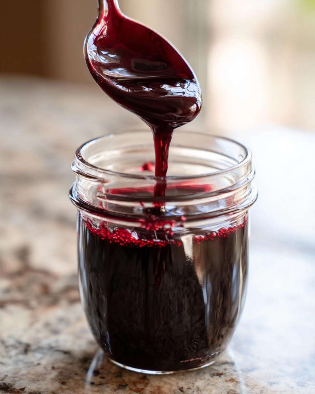 Spoon pouring dark purple elderberry syrup into a glass jar. Making elderberry syrup recipe at home.