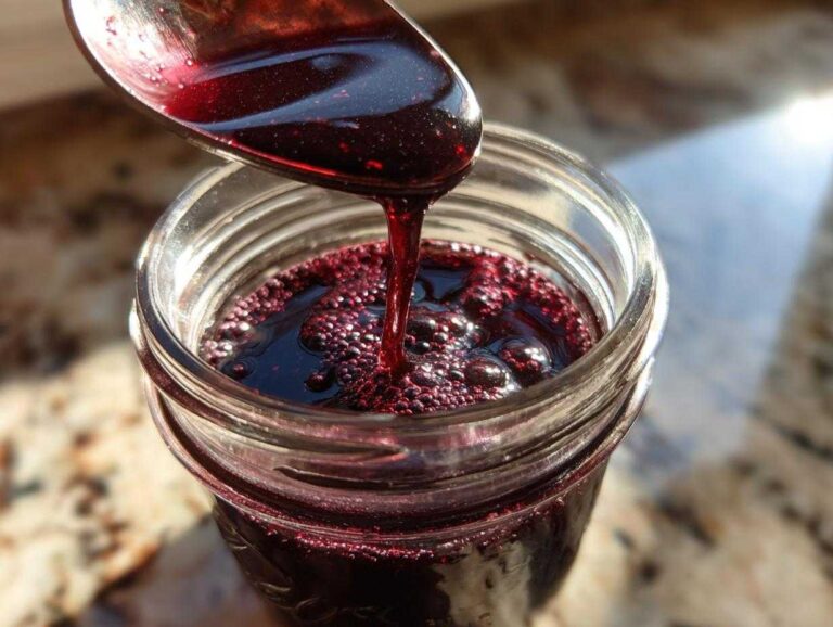 Close-up of a spoon pouring homemade elderberry syrup into a glass jar, showing the rich color and texture.