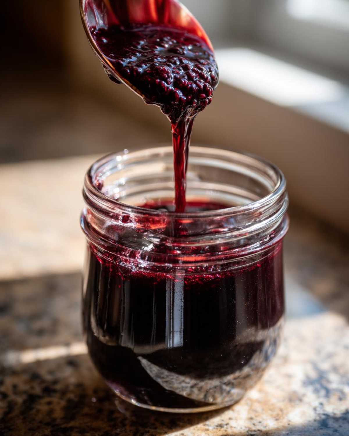 A spoonful of dark purple elderberry syrup being poured into a glass jar. Making elderberry syrup recipe at home.