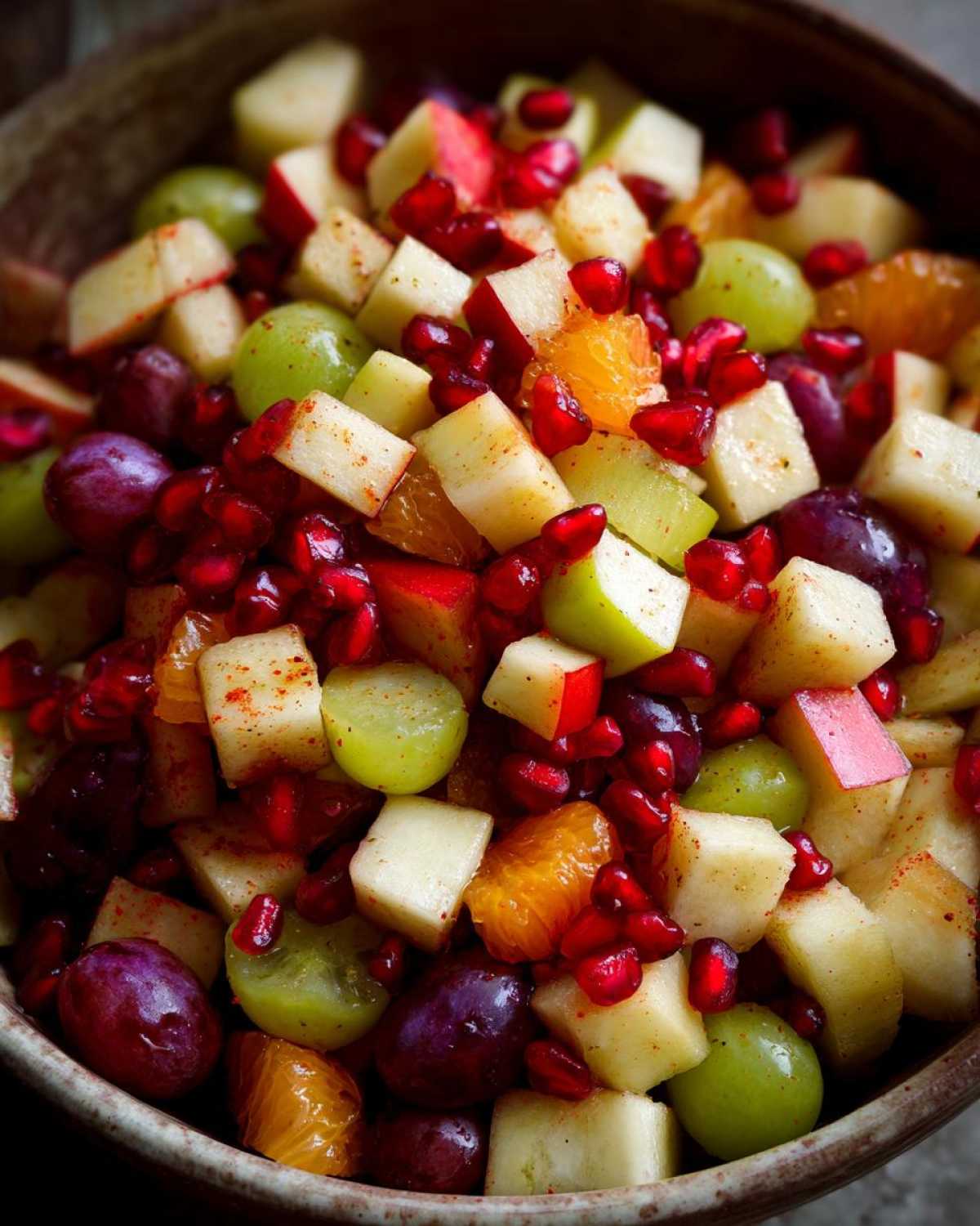 Close-up bowl of fall fruit salad with apples, grapes, oranges, and pomegranate seeds.