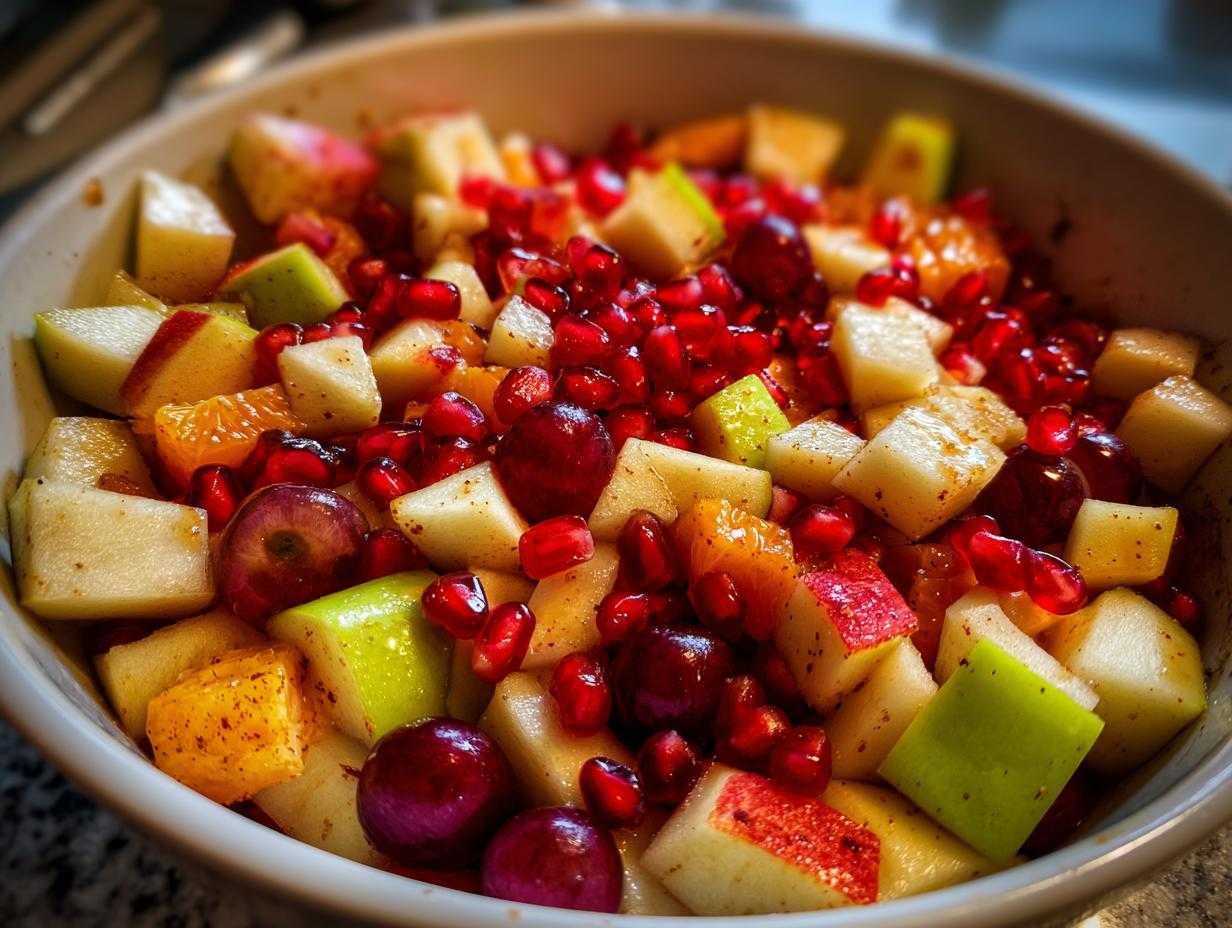 A vibrant bowl of fall fruit salad featuring apples, pears, oranges, grapes, and pomegranate seeds.