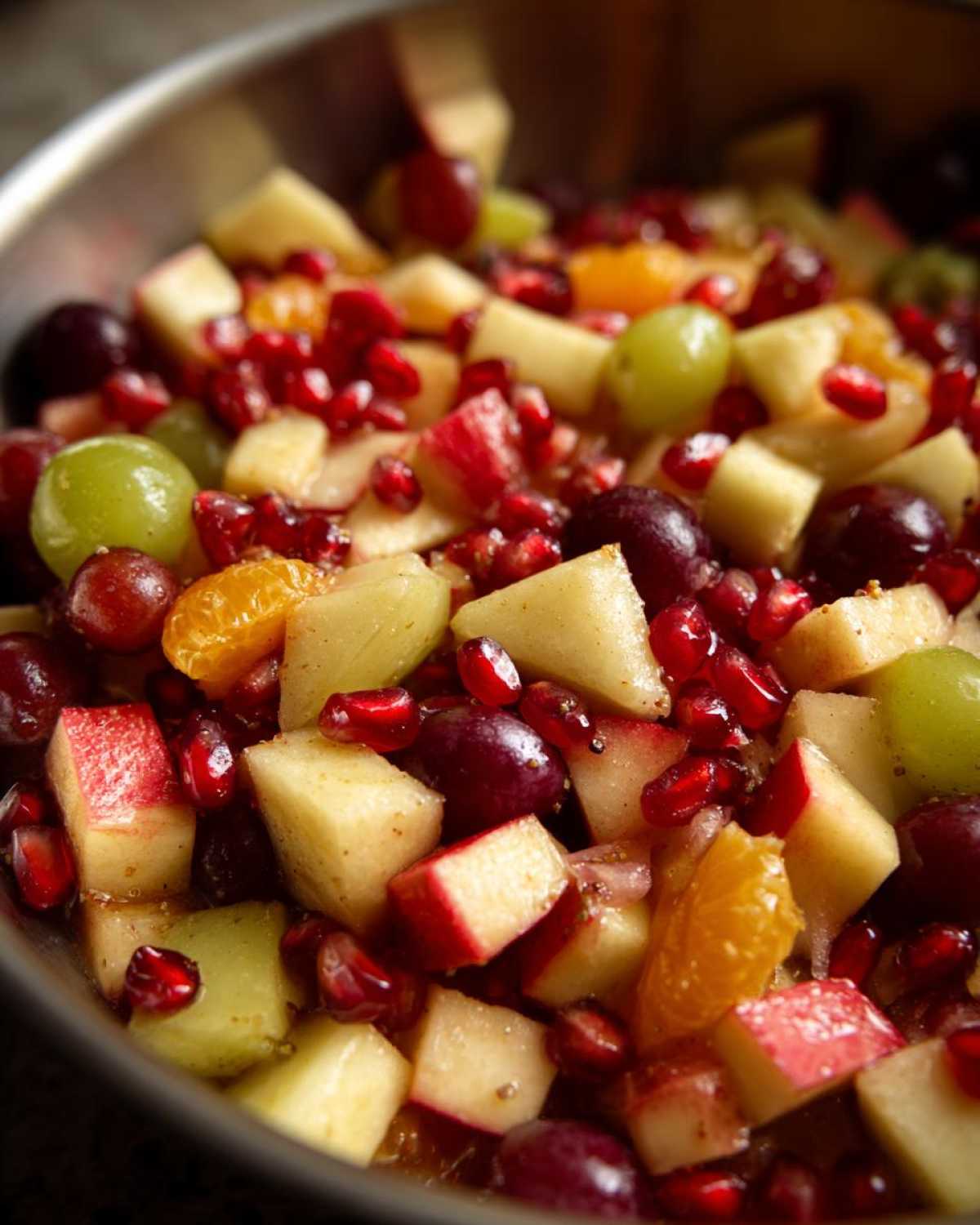 Close-up of a colorful fall fruit salad featuring apples, grapes, pomegranate seeds, and oranges.