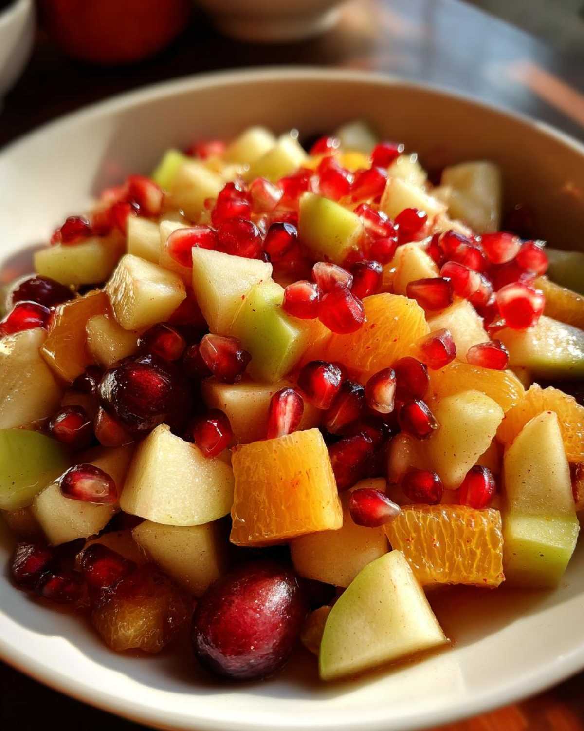 Close-up of a vibrant fall fruit salad with apples, oranges, grapes, and pomegranate seeds.