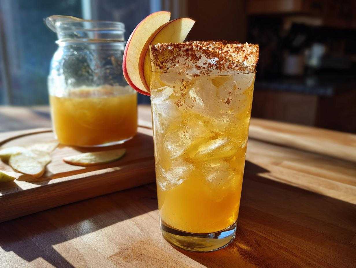 A delicious fall margarita in a tall glass with ice, garnished with a cinnamon sugar rim and apple slice.