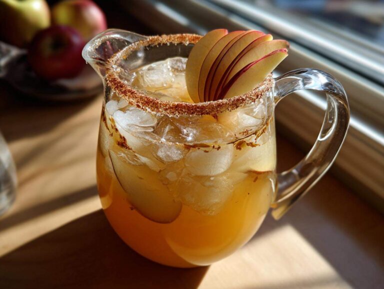 Pitcher of fall margarita with ice, apple slices, and a cinnamon sugar rim.