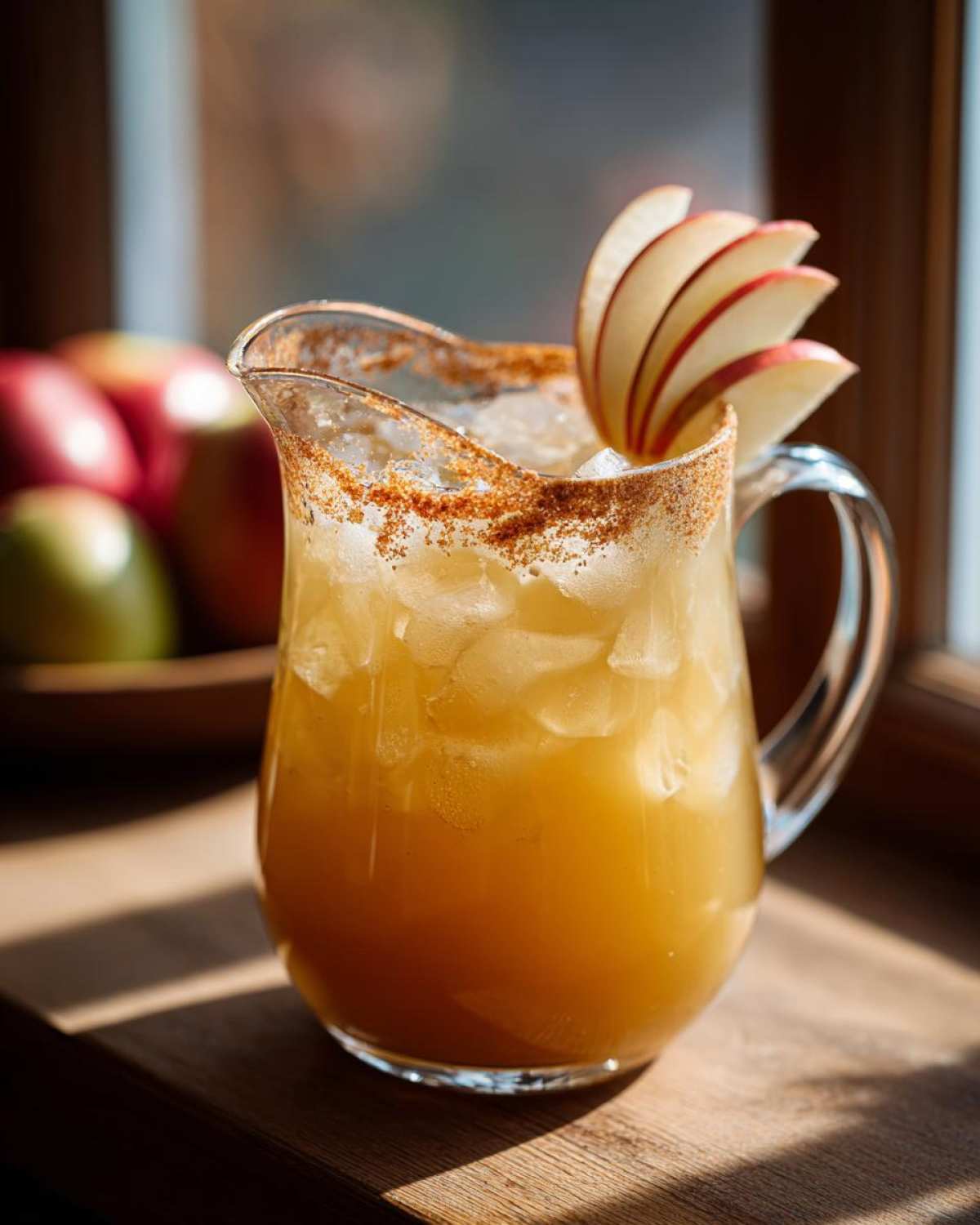 A pitcher of refreshing fall margarita with ice, cinnamon rim, and apple slices for garnish.
