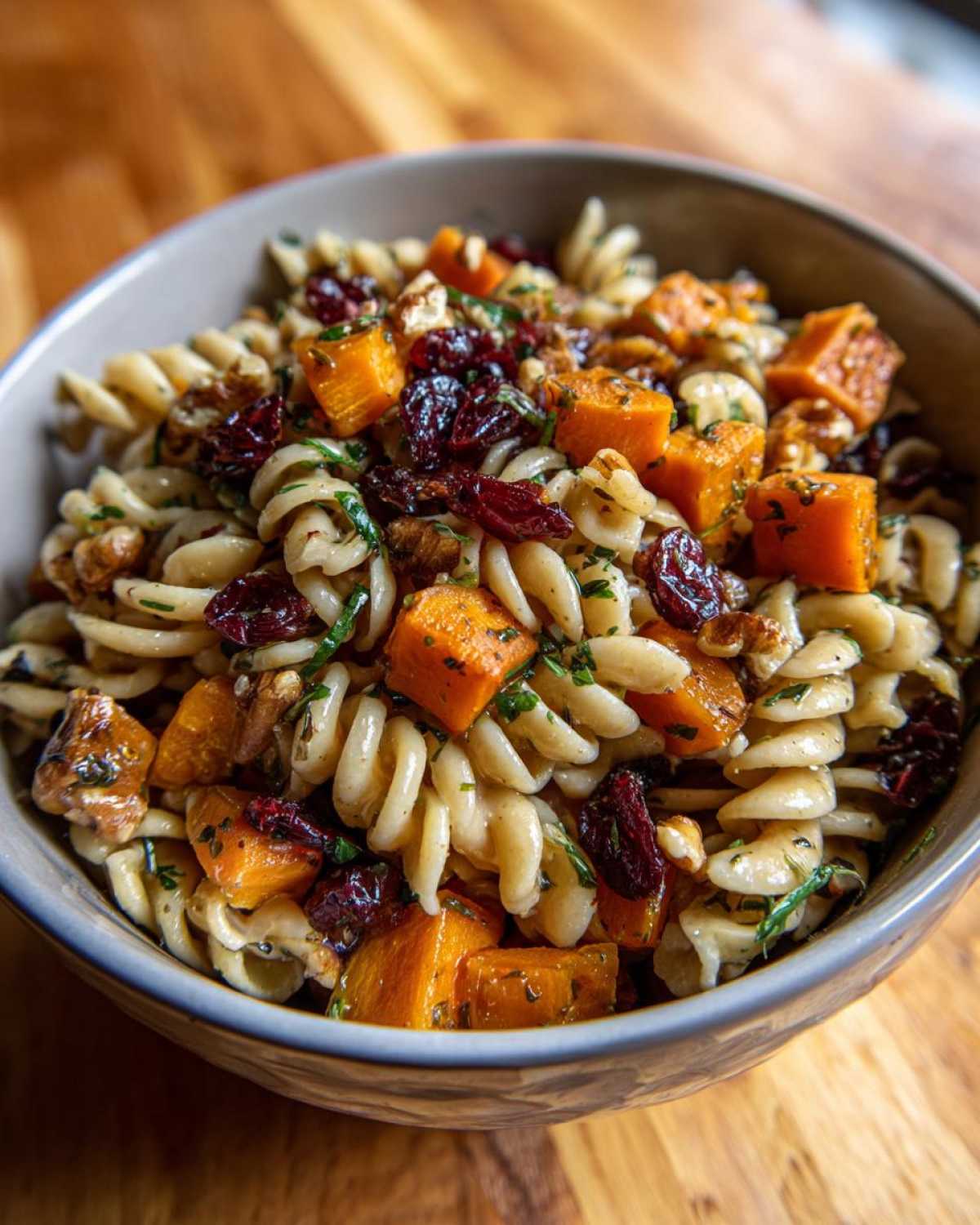 A vibrant bowl of fall pasta salad with butternut squash, cranberries, and walnuts.