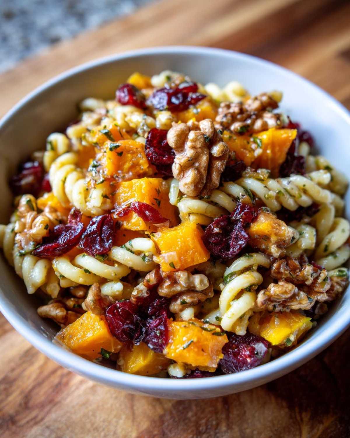 Close-up of a bowl of fall pasta salad featuring butternut squash, cranberries, and walnuts.