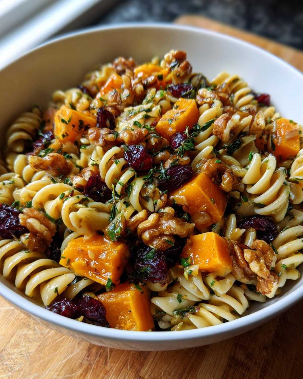 A vibrant bowl of fall pasta salad with butternut squash, cranberries, and walnuts.