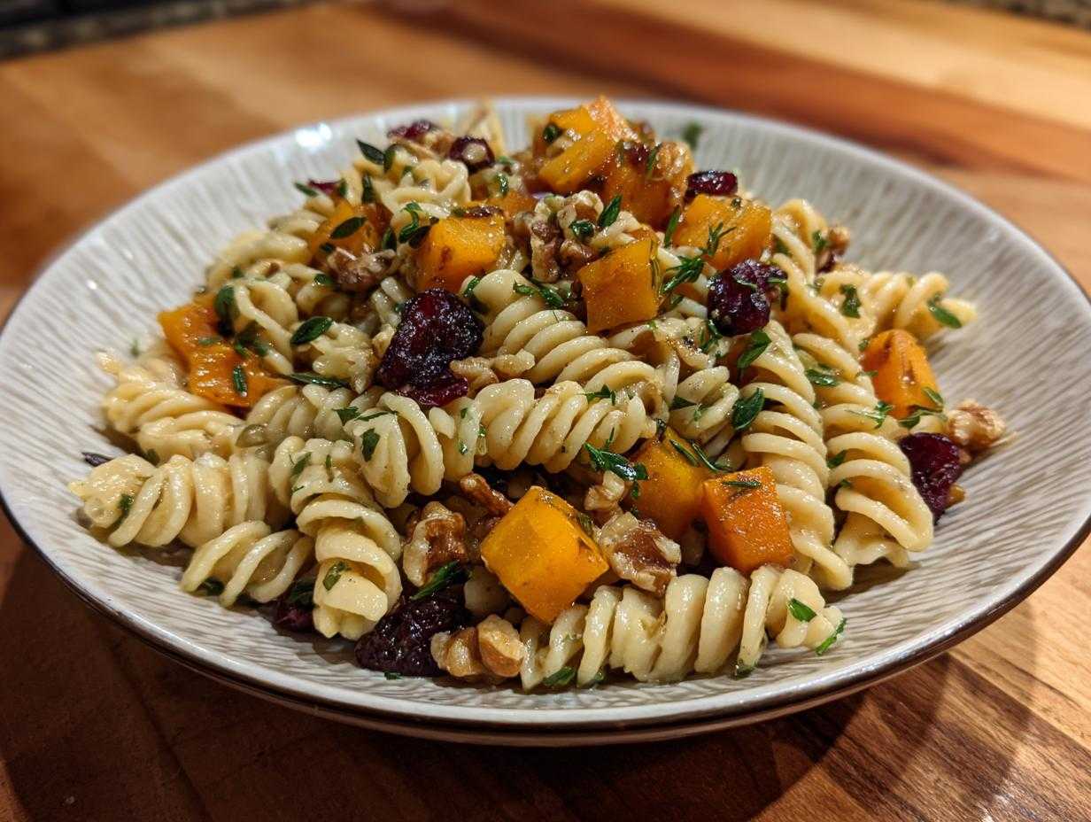 A vibrant fall pasta salad featuring rotini pasta, butternut squash, cranberries, and walnuts.