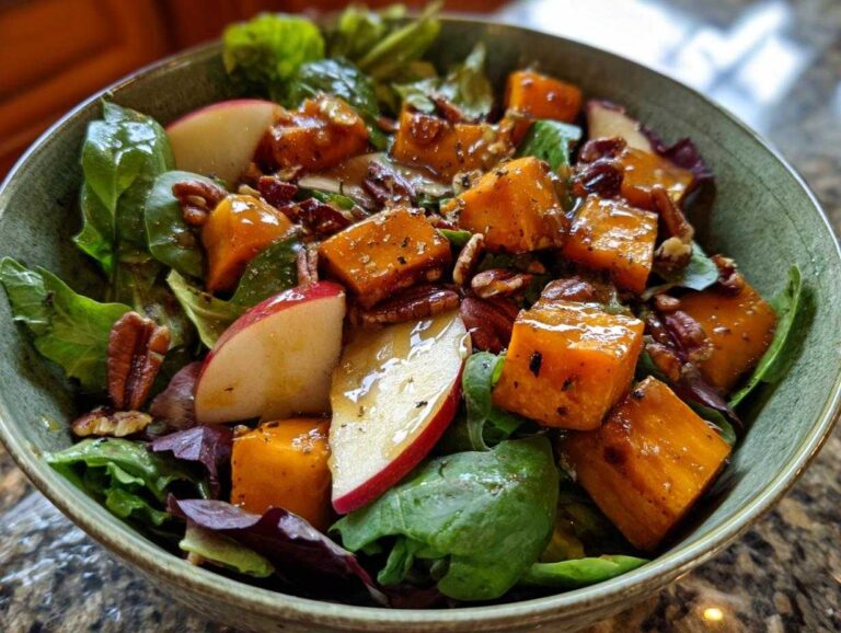 A vibrant fall salad featuring roasted butternut squash, apple slices, pecans, and mixed greens.