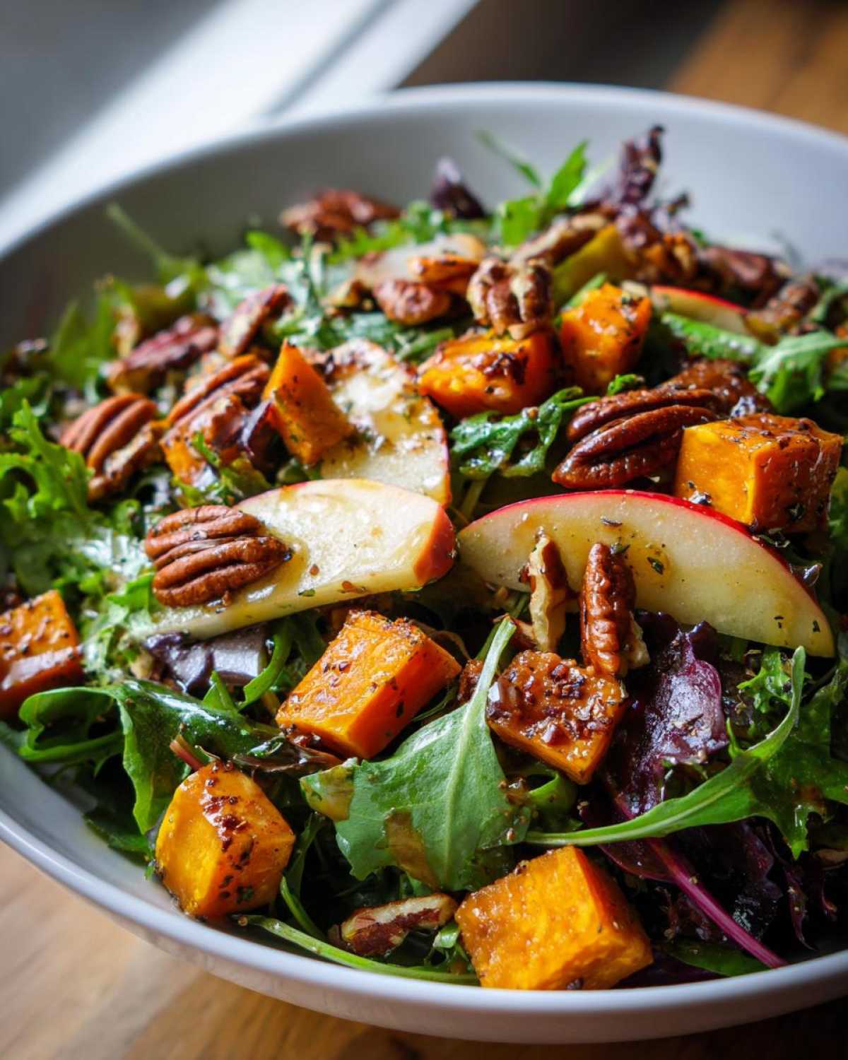 Close-up of a vibrant fall salad with butternut squash, apples, pecans, and mixed greens.