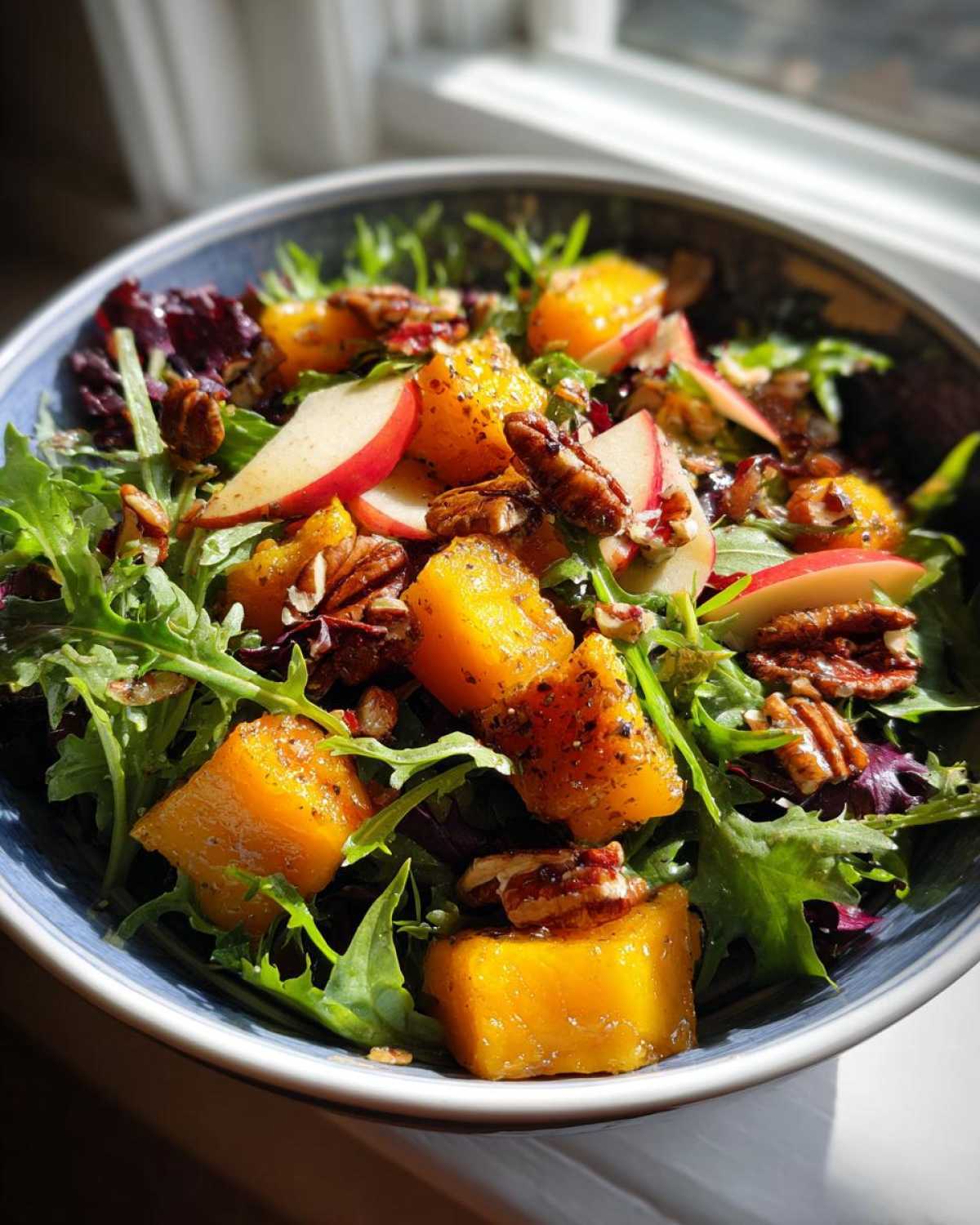 A vibrant fall salad featuring butternut squash, apples, pecans, and mixed greens in a blue bowl.
