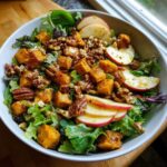 A vibrant fall salad featuring roasted squash, apple slices, pecans, and mixed greens. A colorful and healthy dish.