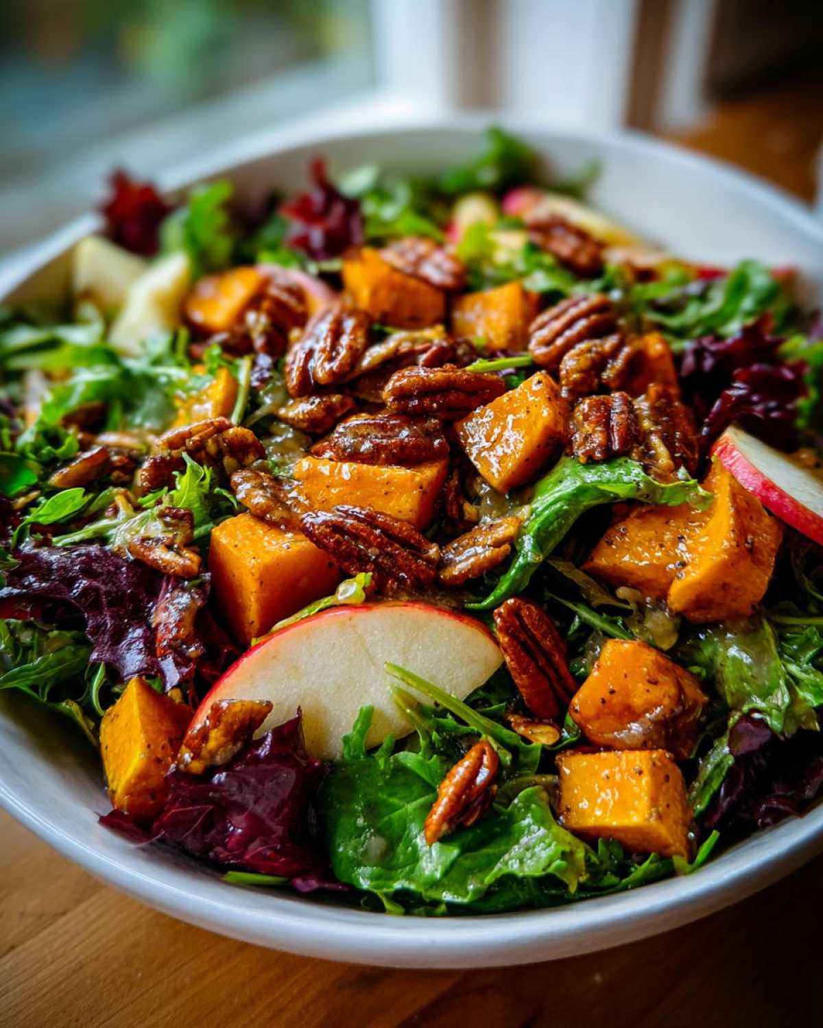 Close-up of a colorful fall salad with mixed greens, roasted squash, apple slices, and candied pecans.