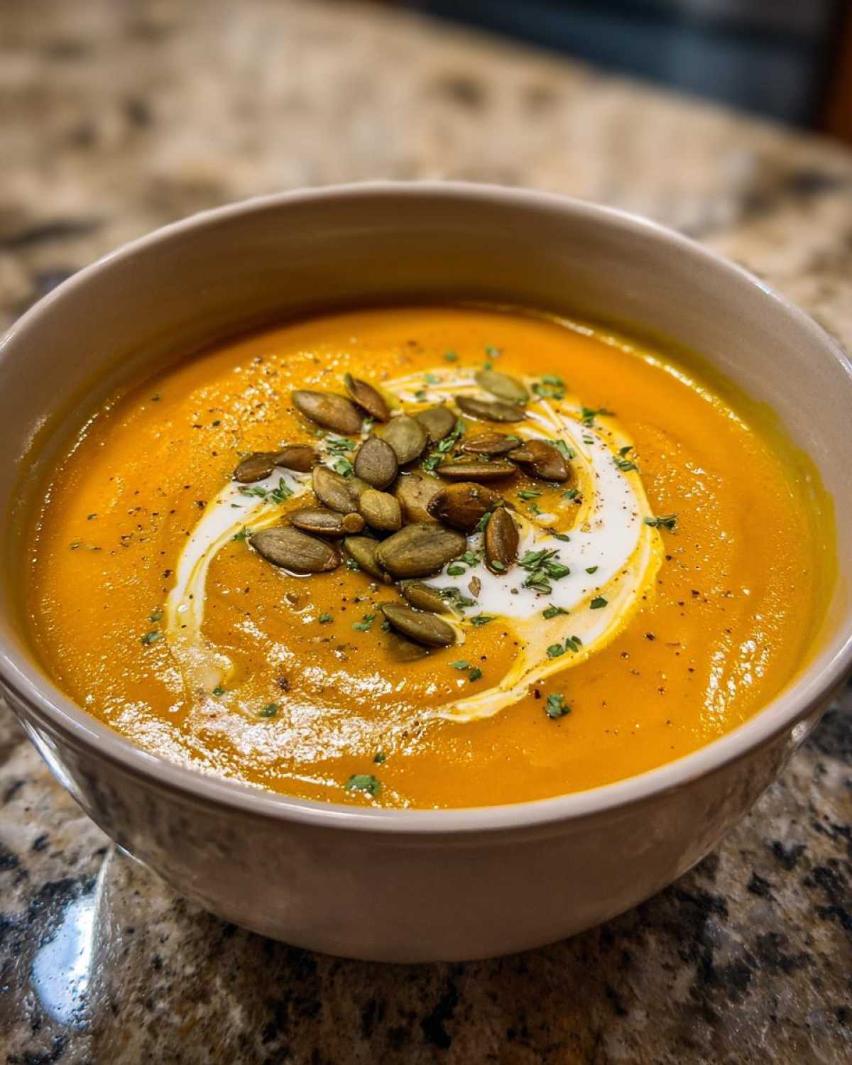 A bowl of vibrant fall soup, garnished with cream, pumpkin seeds, and herbs, ready to enjoy.