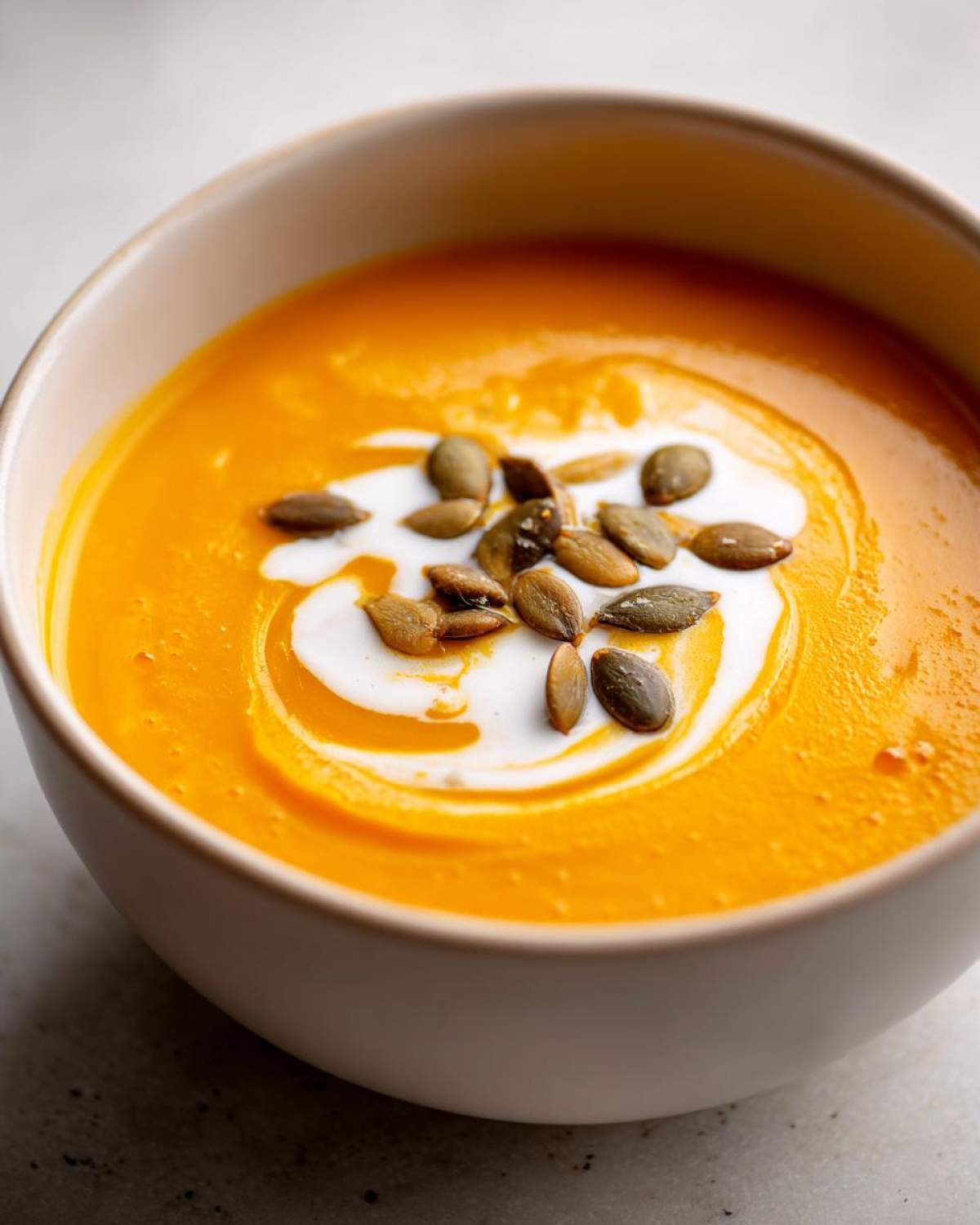 Bowl of vibrant orange fall soup, swirled with cream and topped with toasted pumpkin seeds.