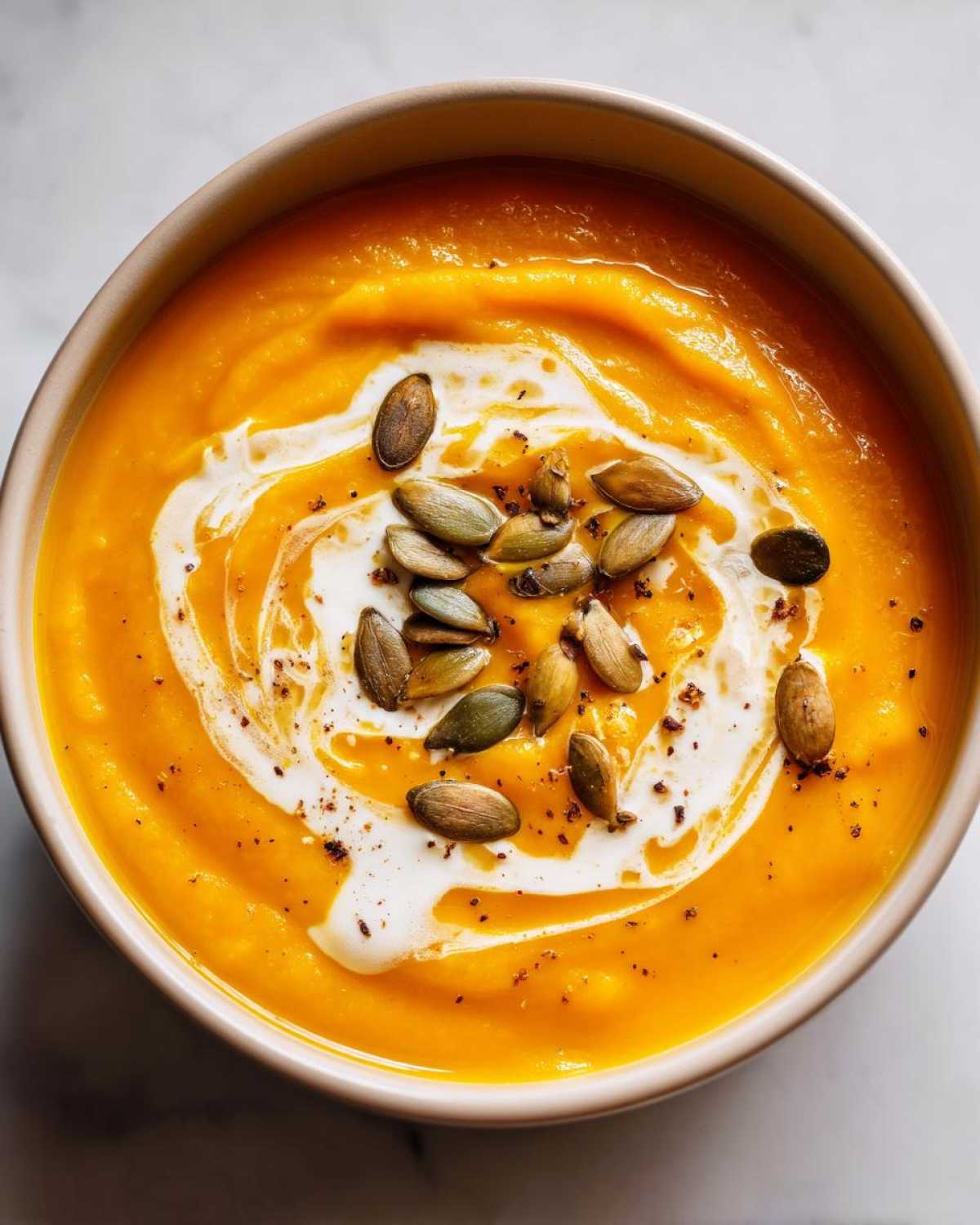 Overhead view of creamy fall soup in a bowl, garnished with cream and pumpkin seeds.