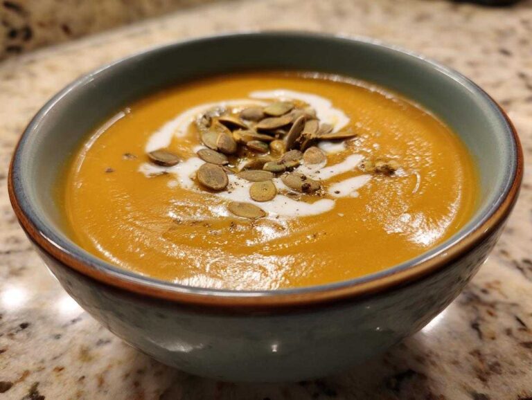 A bowl of creamy fall soup, garnished with a swirl of cream and toasted pumpkin seeds.