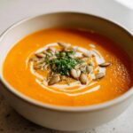 A bowl of vibrant orange fall soup, garnished with cream, pumpkin seeds, and herbs.