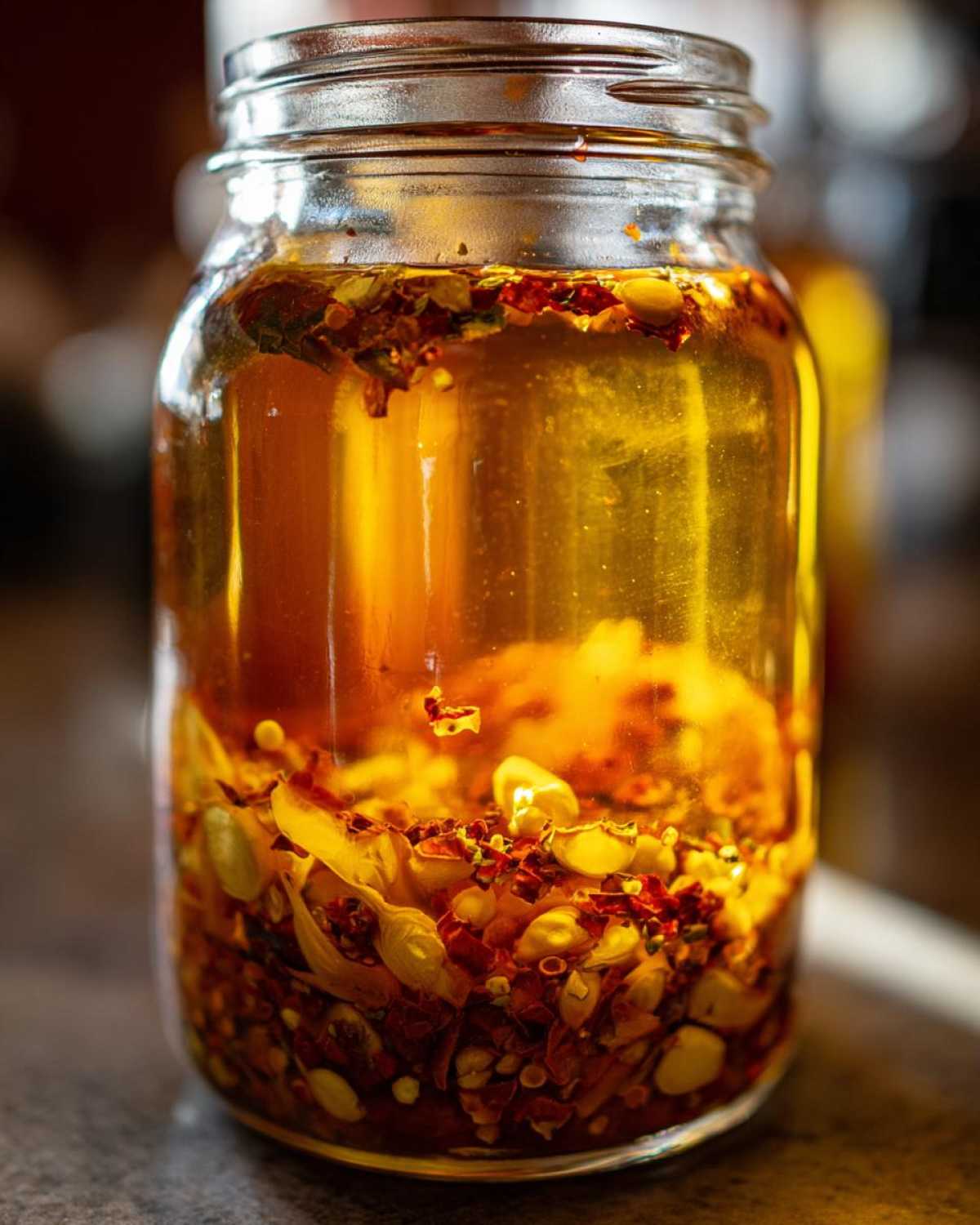 A jar filled with ingredients for making fire cider recipe, including peppers, garlic, and herbs steeping in liquid.