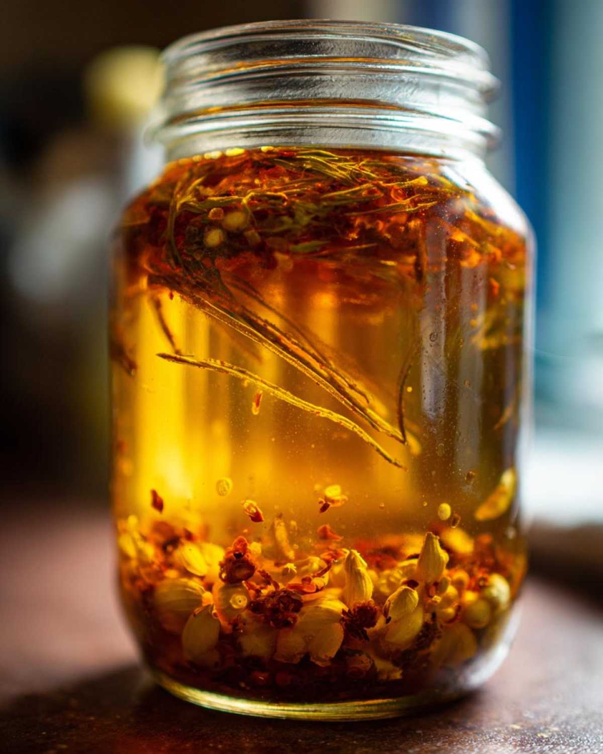 Close-up of a glass jar filled with ingredients for a homemade fire cider recipe, including roots, herbs, and spices.