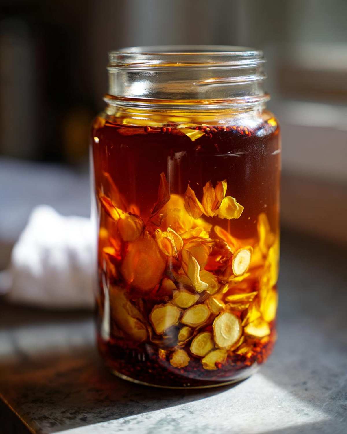 A glass jar filled with ingredients for a homemade fire cider recipe, including ginger, garlic, and peppers.
