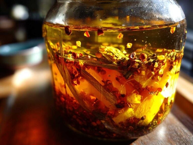 Close-up of a glass jar filled with ingredients for a fire cider recipe, including peppers and roots.