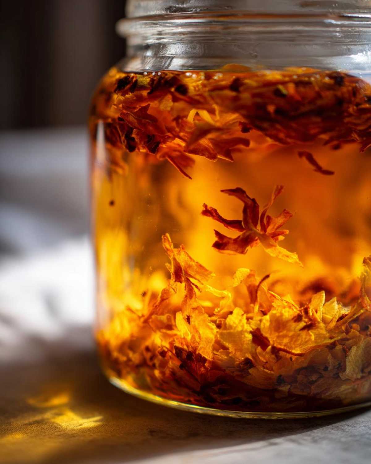 Close-up of a glass jar steeping for a fire cider recipe, showing ingredients suspended in liquid.