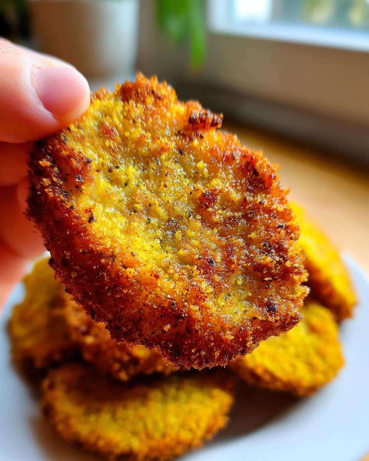 Close-up of a crispy fried green tomato held in hand, showcasing its golden-brown crust and texture.