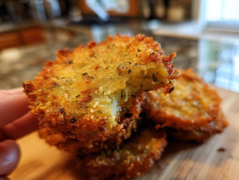 Close-up of a stack of fried green tomatoes with a crispy, golden-brown coating, held in a hand.