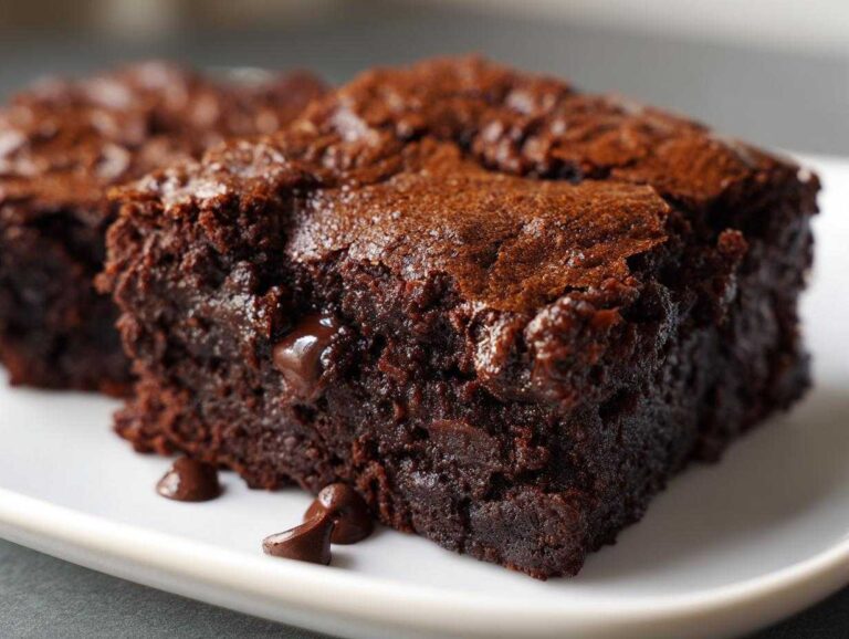 Close-up of fudgy zucchini brownies on a white plate, showing melted chocolate chips.