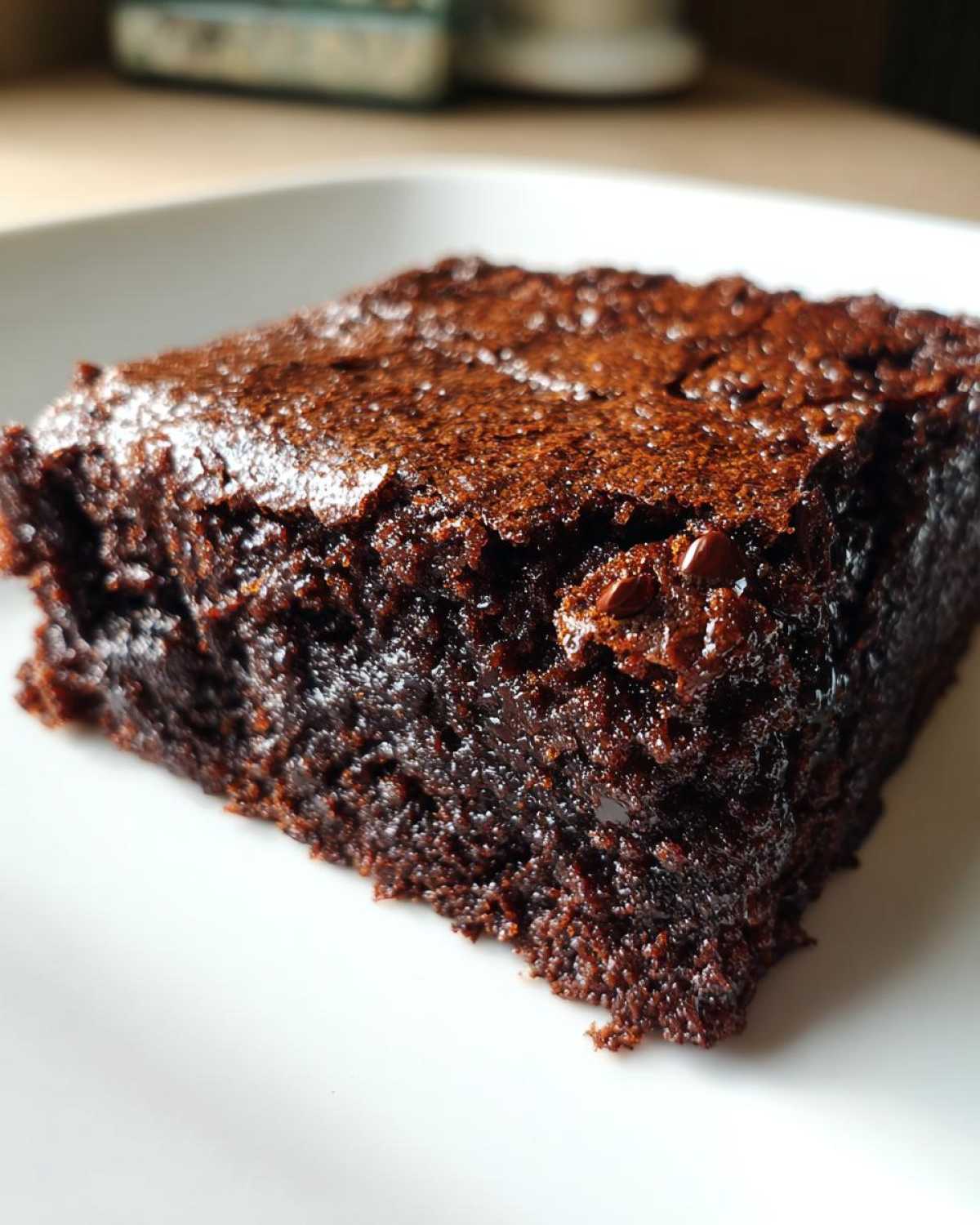 A single, fudgy zucchini brownie on a white plate, showcasing its rich, dark chocolate color and moist texture.