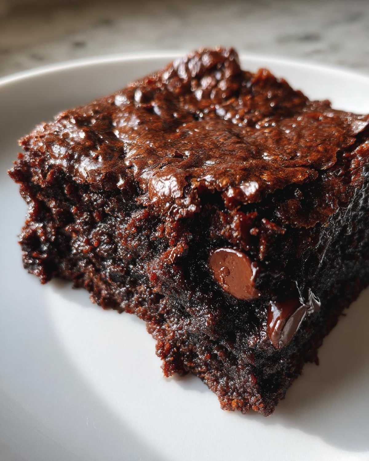 Close-up of a single, fudgy zucchini brownie square on a white plate, showcasing a melting chocolate chip.