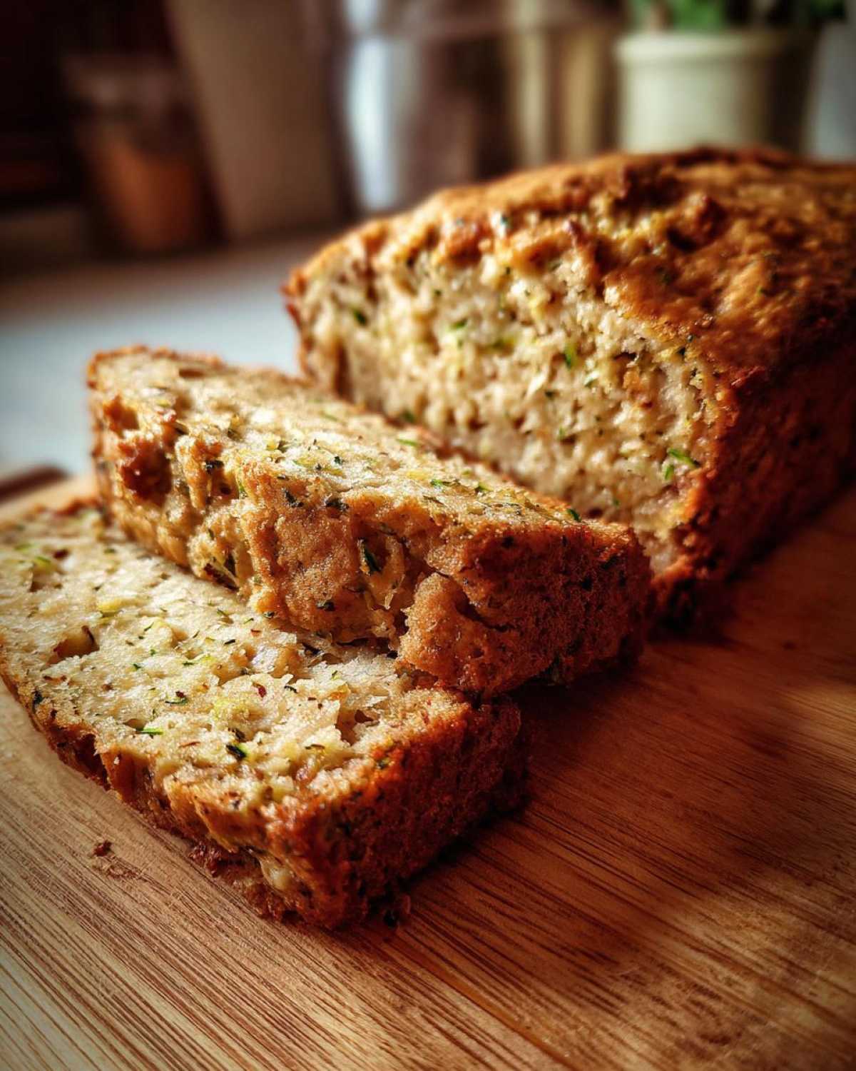 Close-up of sliced gluten free zucchini bread on a wooden board, showcasing its moist texture and zucchini flecks.
