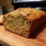 Close-up of a moist loaf of gluten free zucchini bread on a wooden cutting board.