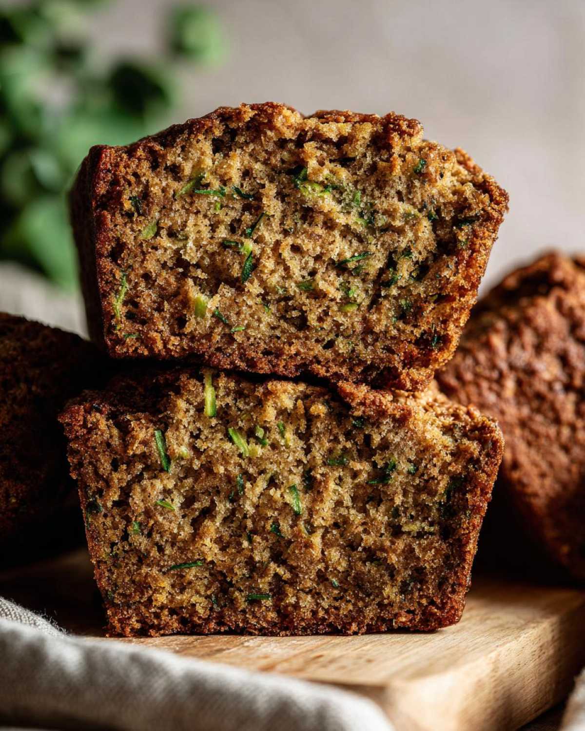 Close-up of sliced gluten free zucchini bread, showcasing its moist texture and visible zucchini shreds.