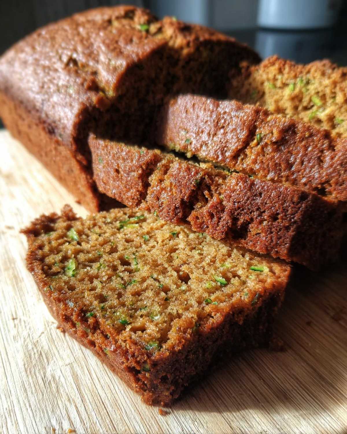 Close-up of sliced gluten free zucchini bread on a wooden board, showcasing its moist texture.