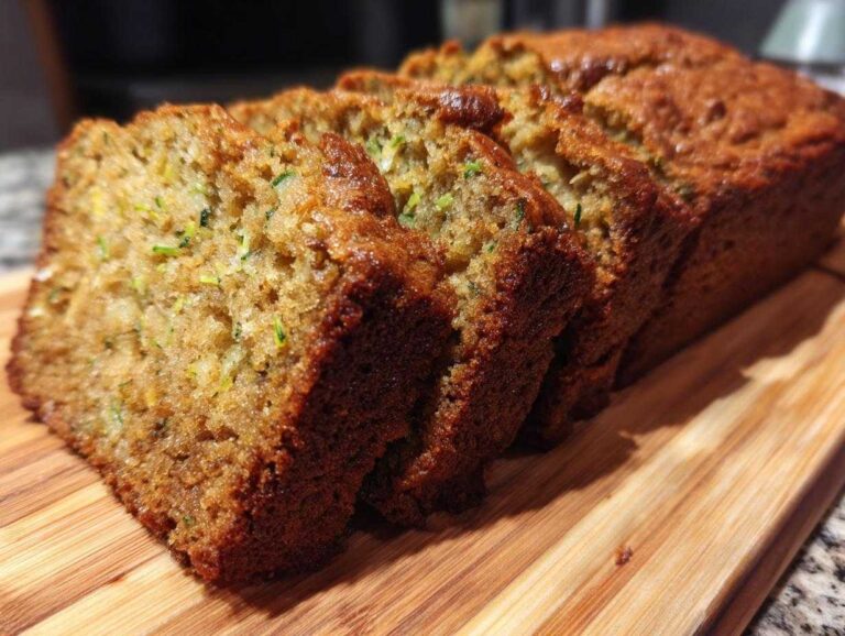 Close-up of sliced gluten free zucchini bread on a wooden board, showing the moist texture and zucchini pieces.