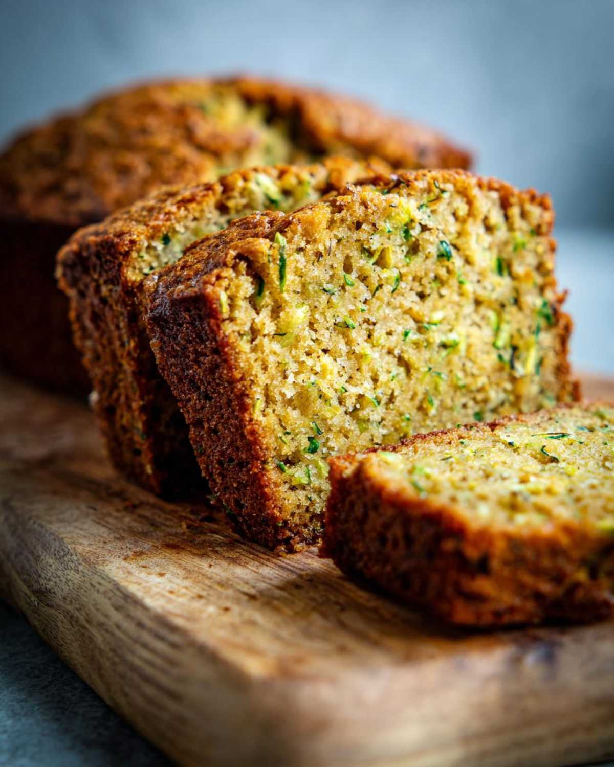 Close-up of sliced gluten free zucchini bread on a wooden board, showcasing its moist texture and zucchini pieces.