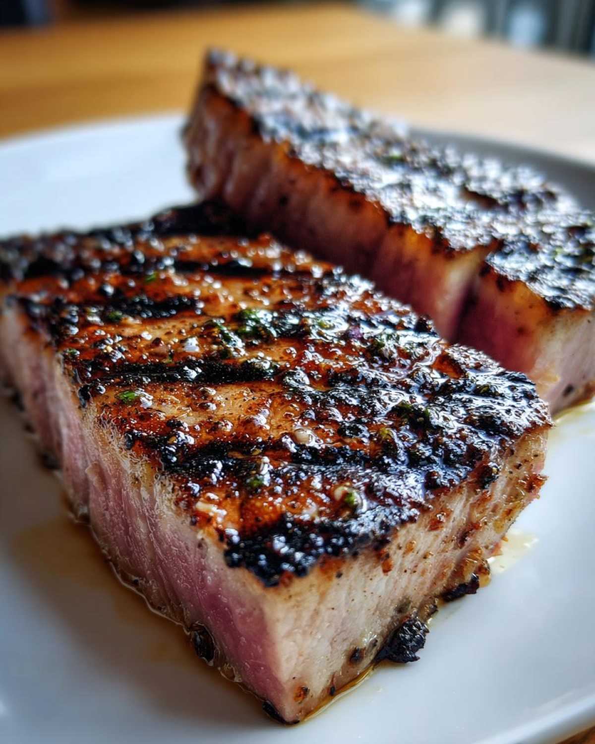 Close-up of two grilled tuna steaks with a flavorful marinade. The tuna is seared and juicy.