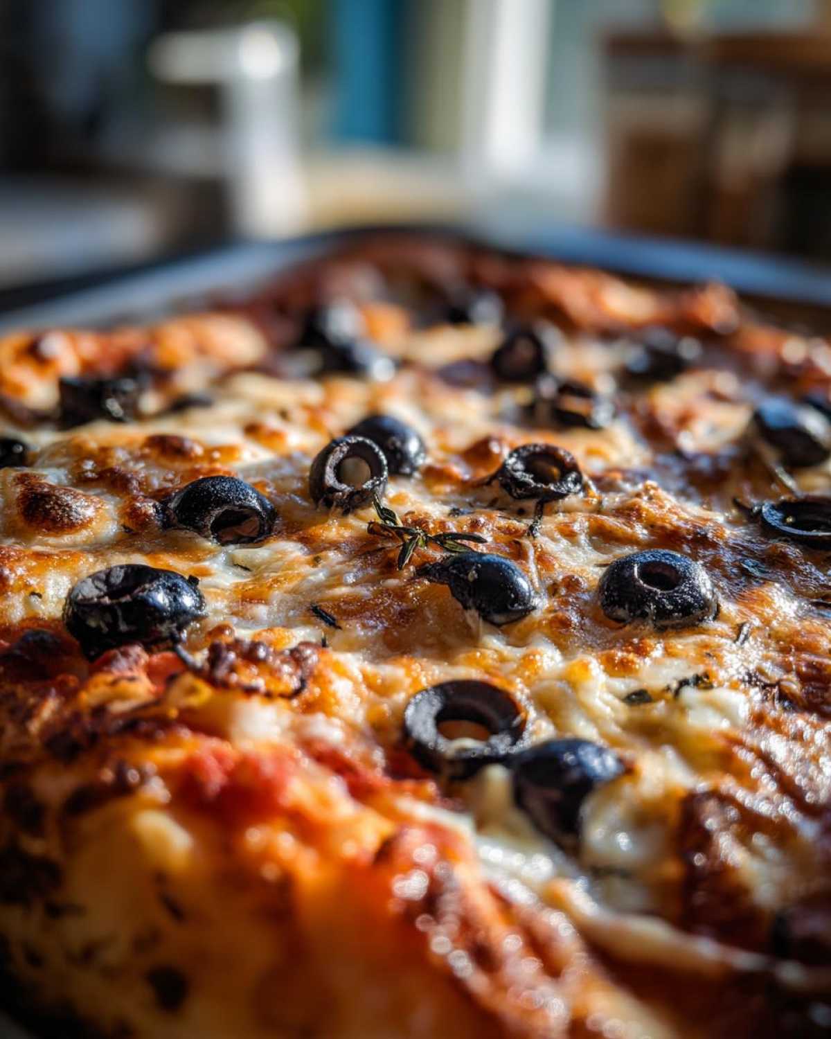Close-up of a Halloween pizza topped with black olives, cheese, and herbs on a crispy crust.