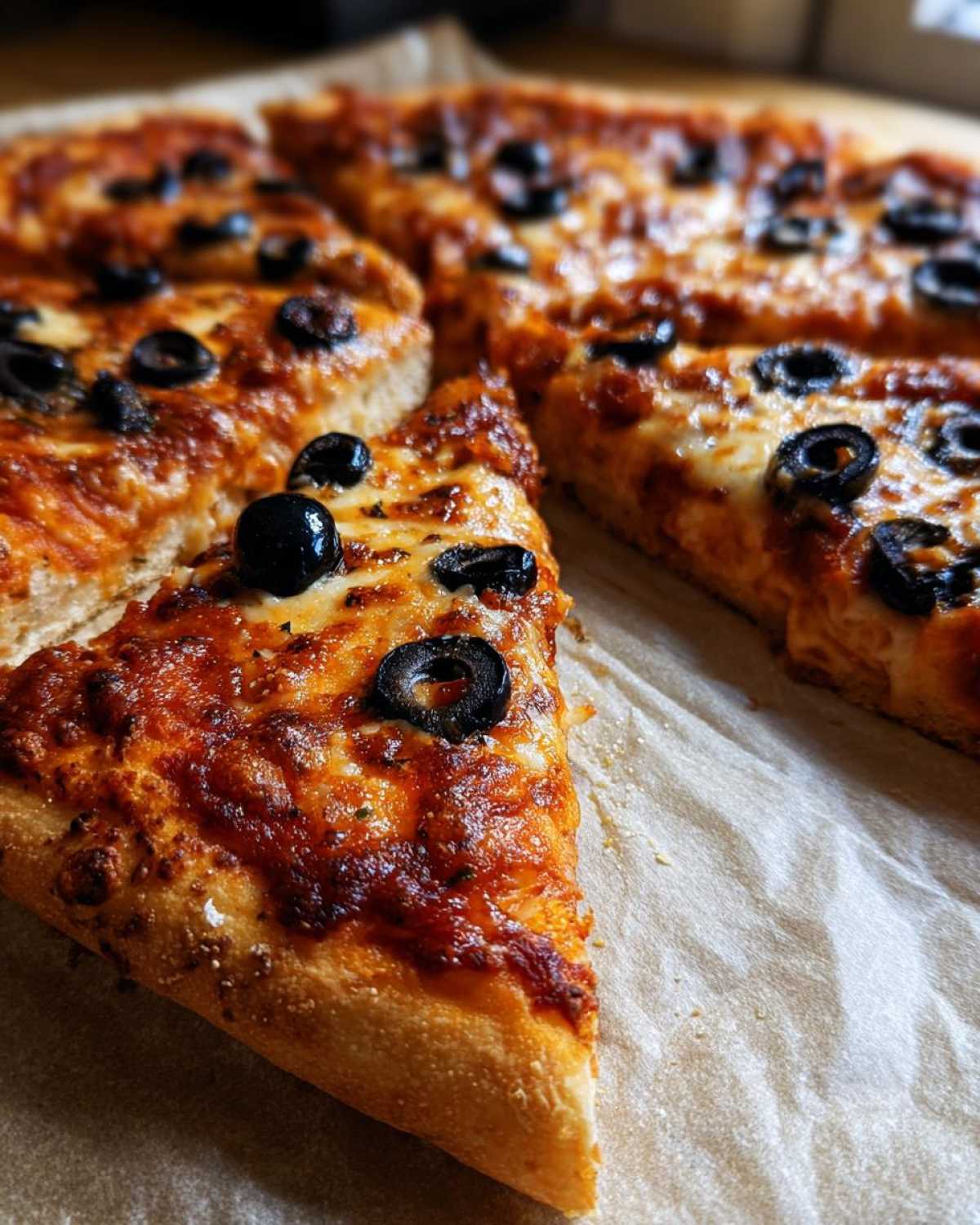 A delicious Halloween pizza with black olive spider decorations on a golden crust.