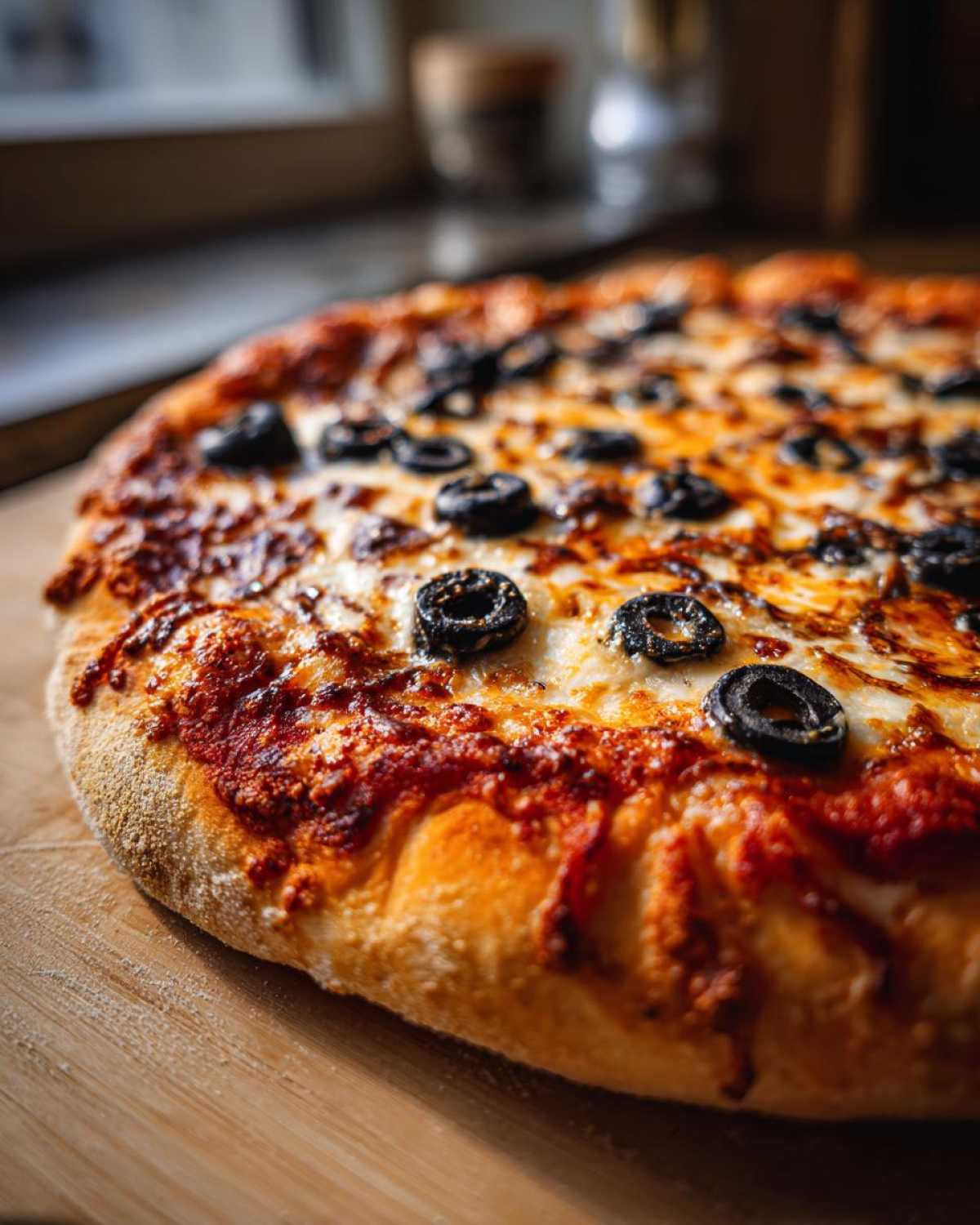 Close-up of a Halloween pizza with black olive toppings, cheese, and tomato sauce on a wooden board.