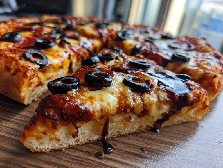 A delicious Halloween pizza with pepperoni, cheese, and black olive spiders on a wooden surface.
