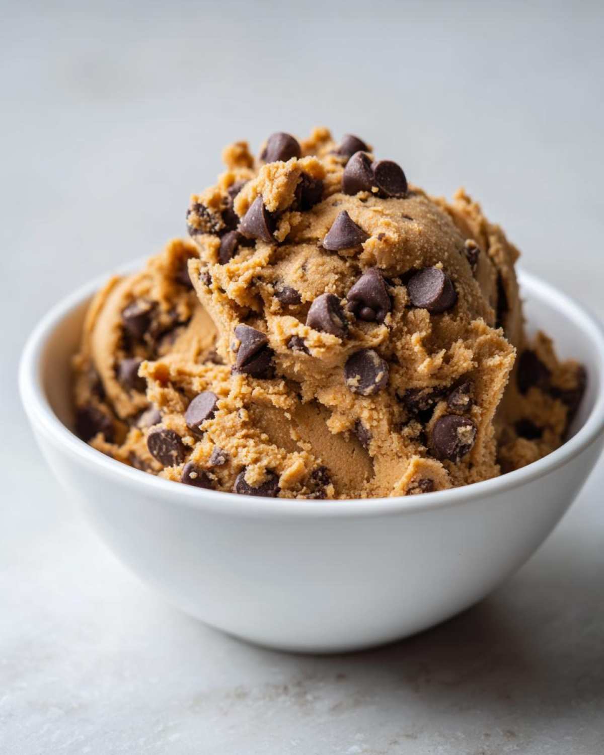 A white bowl filled with delicious high protein cookie dough and chocolate chips.