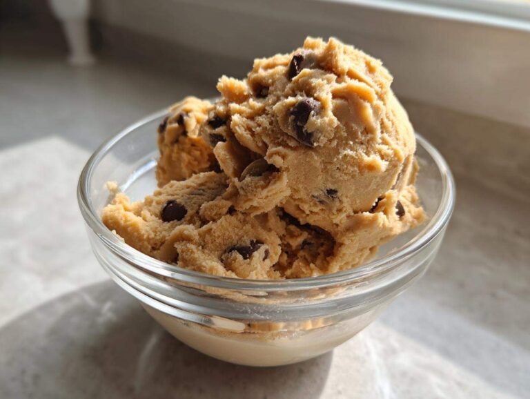 Close-up of a bowl filled with scoops of high protein cookie dough with chocolate chips.