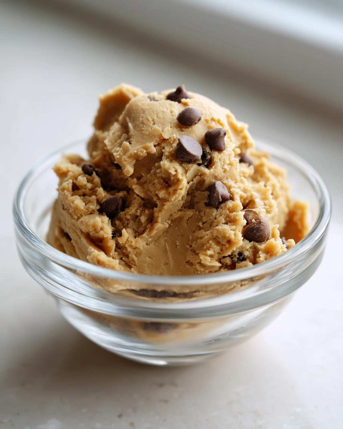 A clear bowl filled with delicious high protein cookie dough, topped with chocolate chips.
