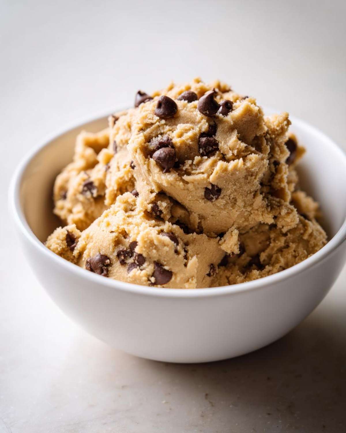 A white bowl filled with delicious high protein cookie dough and chocolate chips.