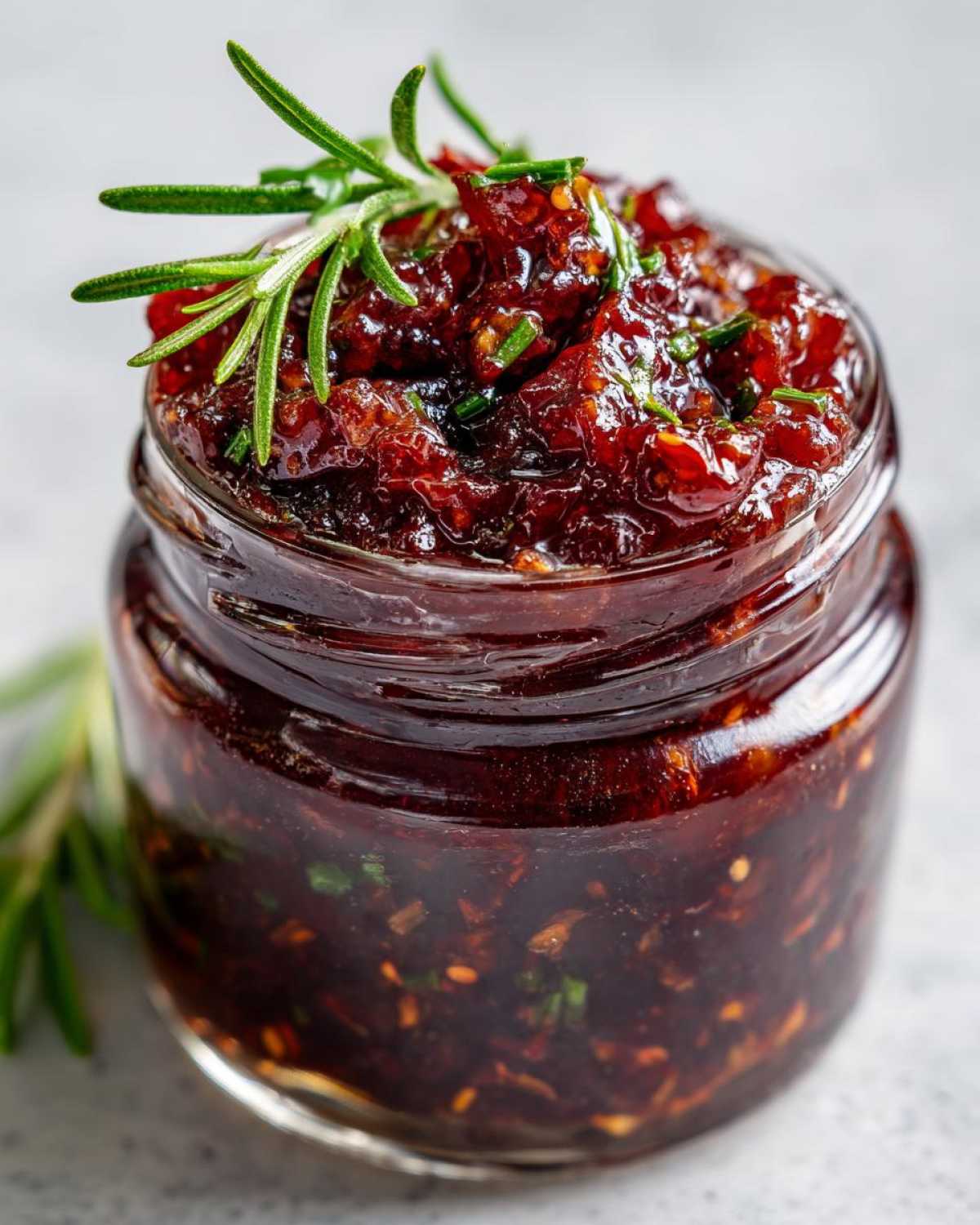 Close-up of homemade fig jam in a glass jar, garnished with fresh rosemary.